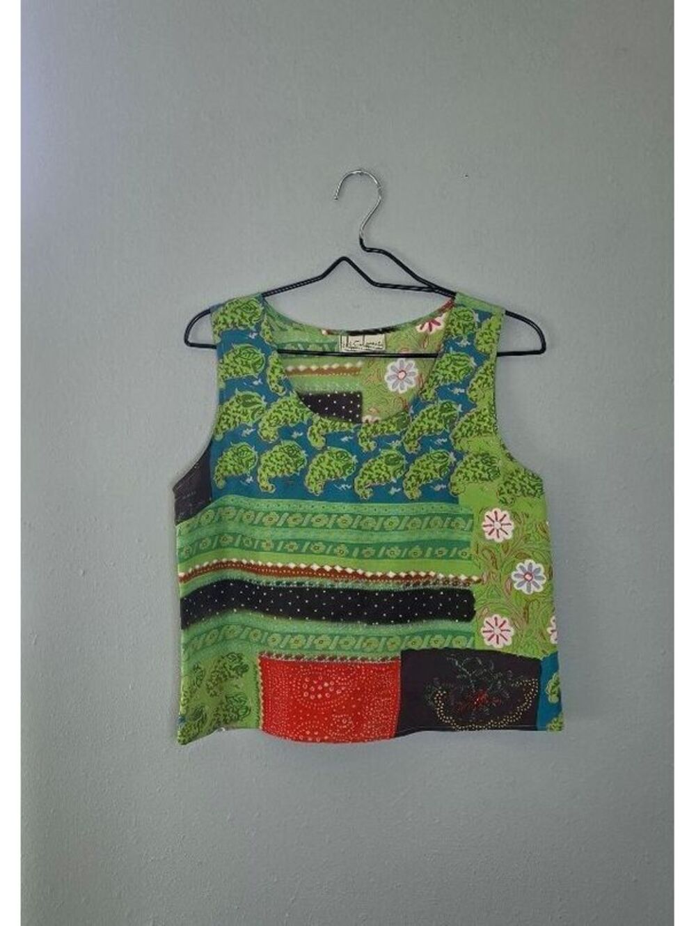 Vintage Silk Collection Patchwork Print Sleeveless Tank Top Green Multicolor